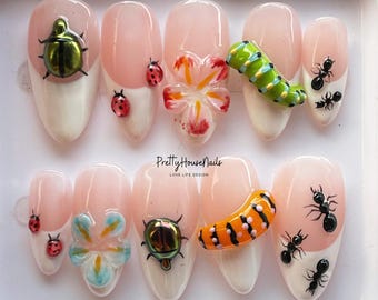 Handgefertigte, von der Natur inspirierte Nail Art mit Marienkäfer, Ameisen, Blumen, Raupen, 3D Garten Bug Press On Nails, Sommer Mandel Nagel, Geschenk für Sie