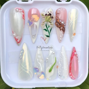 Sparkling Spring Long Stiletto Press-On Nails with Orchid & Pearl Designs, Handmade 3D Flower Nail Art, Perfect Birthday, Party Nails, Gifts