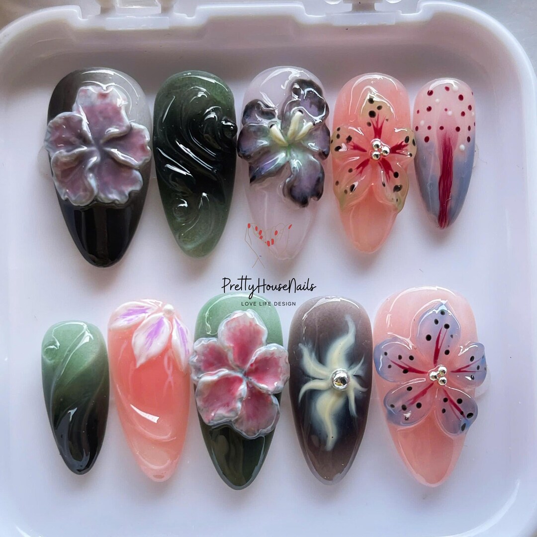 Hand Painted 3D Floral Press on Nails, Custom Handmade Fake Nails ...