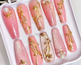 Cat Eyes Press On Nails, Luxury Long Coffin With Gold Charm Nails Press On, Custom Nail Art, Fake Acrylic Nails, Crystal Nails, Gel Nails.
