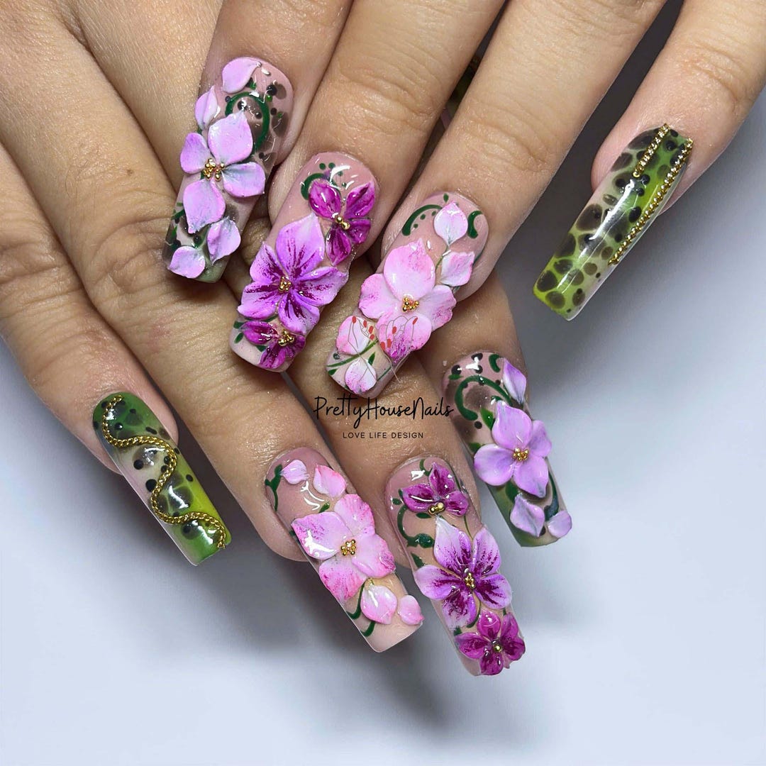 3D Floral Press on Nails, Pink Flower Leopard Gold Chain Luxury ...
