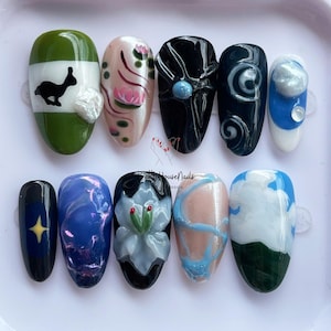 Niepowtarzalne Paznokcie Prasowe Peaceful Sky, Zestaw Do Paznokci Migdałowych, Uroczy 3D Nail Art z Orchideą, Lotosem, Świeży Fałszywy Paznokieć Na Wakacje-Bal, Fantazyjny Paznokieć