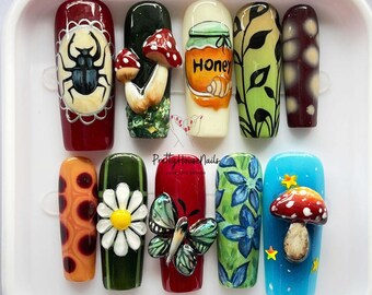 Forest Mushroom Press On Nails, Cottagecore Bee Butterfly Nail Set, Handmade Floral 3D Nails, Unique Nature Nails, Spring/Summer Nails.