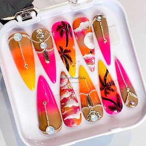 Coconut Tree Press On Nails, Rainbow Floral Glue On Nail, Crystal Nail, Acrylic Nail, Long Stiletto Nail, Fake Nail, Summer Nail, Beach Nail
