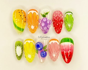 Fruit Garden-inspired Press On Nails | Summer Holiday Nails Set |  Fresh Look False Nails Art | Fruit Custom Set |Grape, Cherry, Kiwi, Mango