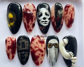 Halloween Press On Nails, Scary Horror Fake Nails, Spooky Blood Splatter Nail Art, Handmade Creepy Costume Party Nail Set, Cosplay Nails.