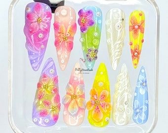 Customs Orchid Flower Press On Nails Stiletto, Adorable 3D Nail Art, Sunset Tropical Floral Nails Set, Fresh False Nails For Summer, Gift.