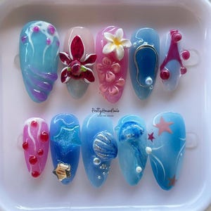 Hand-painted Ocean Theme Press On Nails, Almond Nail Set with 3D Jellyfish, Seashell, Starfish, Flower, Summer Beach Mermaid Nail Art, Gifts