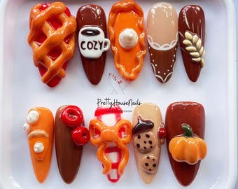 Thanksgiving Press On Nails, Long Almond Nail Set with 3D Pumpkin Pie & Cozy Coffee Nail Art, Fall Handmade Nails, Cute Autumn Nail Design