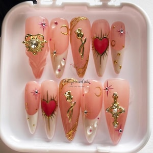 Pink Valentine Handmade Nail Set, Long Almond Nails with Heart, Rose Designs, Unique Nail Art for Valentine&#39; Day, Luxury and Romantic Gift.