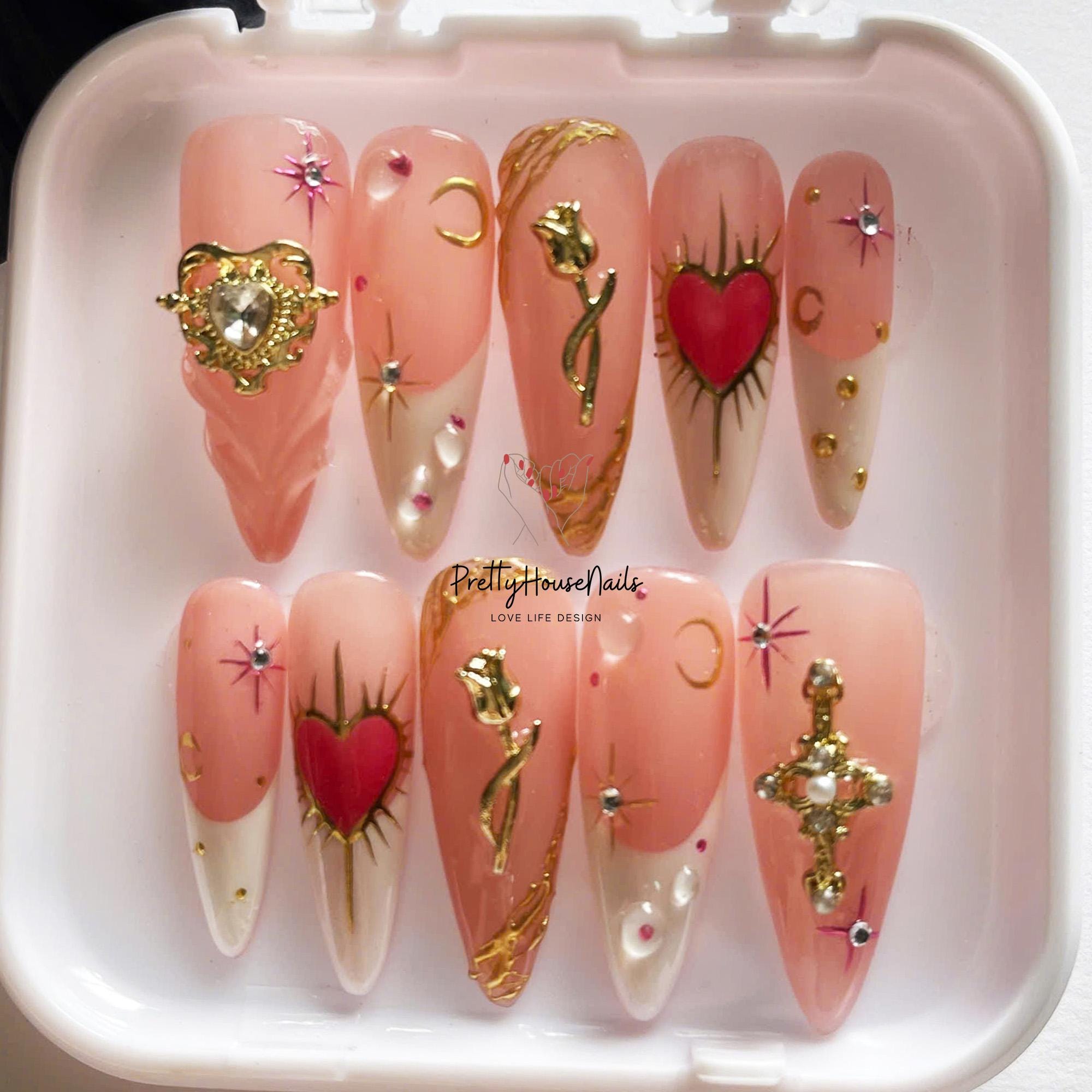 Pink Valentine Handmade Nail Set, Long Almond Nails with Heart, Rose Designs, Unique Nail Art for Valentine' Day, Luxury and Romantic Gift.