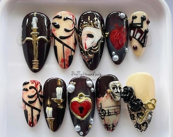 Halloween Press On Nails, Mandel Nagel mit Gothic Phantom der Oper Thema, Schädel, Maske, Kerzen Nail Art, falsche Nägel für Cosplay & Party
