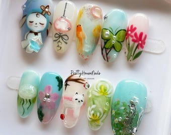 Fantasy Fox Press On Nails, Cartoon Custom Nail, Summer Holiday Nail Set, Fresh Look False Nail Art, Whimsical Nail, Pikmin Nails, Fox Nails