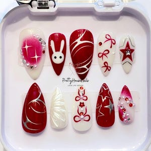 Uñas postizas hechas a mano de Miffy y Red Velvet, juego de uñas postizas de almendras con perlas, lazos, arte de uñas de Miffy con dibujos animados, esmalte de uñas de conejito kawaii, regalos
