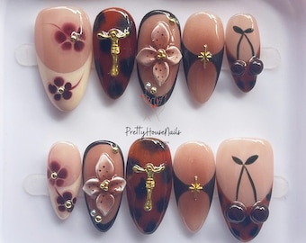 Unique Autumn Press On Nails, Brown Nail Set, Glitter 3D Flower with Angle Charm Fake Nails for Fall Lover, Gel Nail, Holiday/Party Nails.