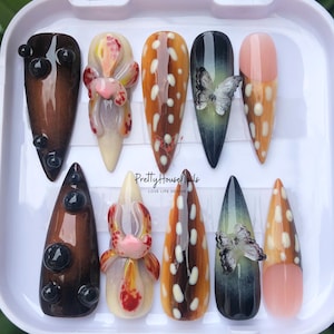 Unhas de jardim de flores coloridas personalizadas, unhas postiças longas e vibrantes de outono, borboleta, conjunto de unhas de flores, unhas acrílicas de fantasia de outono