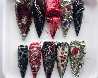 Creepy Eye Blood Press On Nails Handmade, Halloween Spooky Nail Art, Gothic Fake Nails, Unique Party Nail Set, Long Stiletto Nails, Gifts.