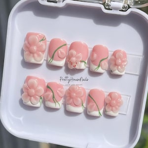 Custom Flower With French Press On Nails, Short Square Nails, Nail Designs, 3D Floral Nail Art, Holiday Nails, Birthday Nails, Pink Nails.