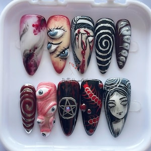 Unique Almond Nail Set With Horror Eyes, Blood, Spirals, Hand-painted Halloween Press On Nails, Gothic Art Fake Nail, Spooky Creepy Nail Art
