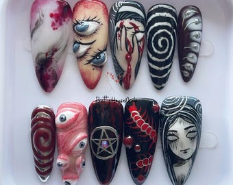 Unique Almond Nail Set With Horror Eyes, Blood, Spirals, Hand-painted Halloween Press On Nails, Gothic Art Fake Nail, Spooky Creepy Nail Art
