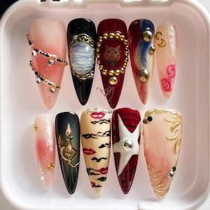 Quiet Moonlit Night inspiriert Drücken Sie auf die Nägel, Einzigartiger langer Mandelnagel, Bunte Abstrakte Nagelkunst, Nagel-Charms, Limited Edition Gefälschter Nagel-Set