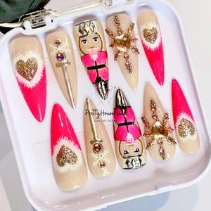 Love Christmas Press On Nails, White Snowflake Nails Art, Pink Nutcracker Press On, Look Fresh False Nails for Christmas Day, Gift for her.
