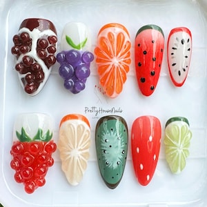 Tropical Fruit Press On Nails, Hand-painted Almond Nail Set, Fruit Nails, Unique Summer Nails, Reusable Nails, Party/Holiday/Vacation Nails.