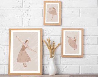 Set of 3 ballerina’s, ballet dancers, digital drawing, digital download