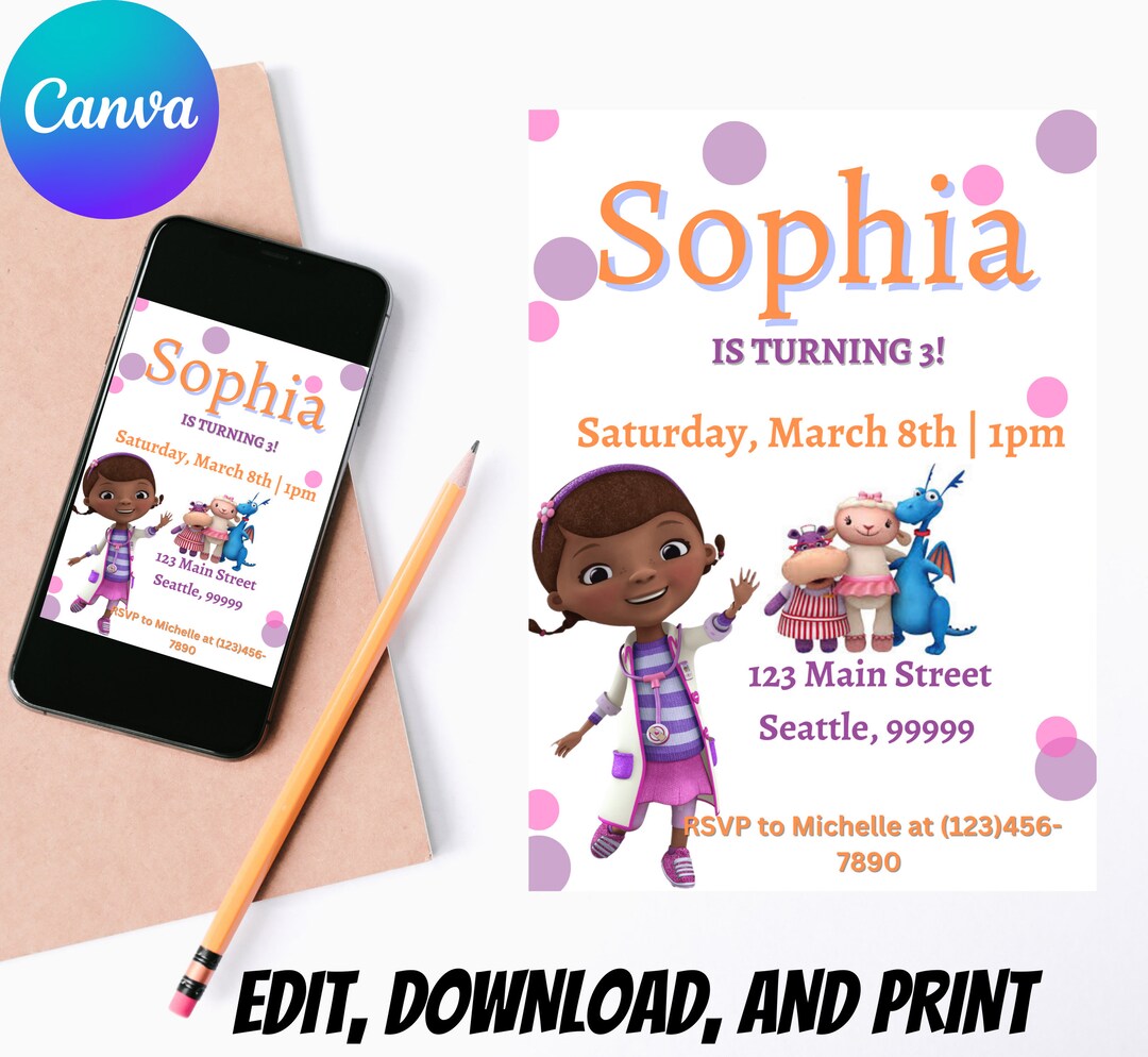 Doc Mcstuffins Birthday Invitation Template, Editable Invitation