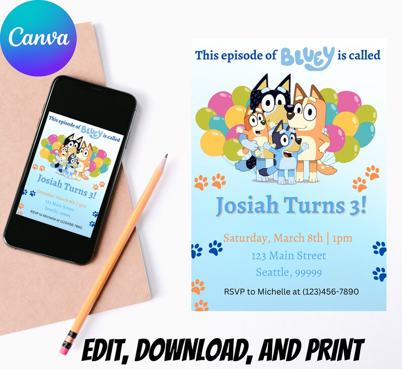 Bluey First Birthday Invitation Template Editable Invitation Instant Download Birthday Theme Printable Invitation First