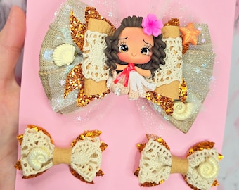 Conjunto de lazos para el cabello de princesa tropical / Lazo para niña inspirado en la playa con mini coletas / Accesorios para el cabello hechos a mano para niñas / Moana