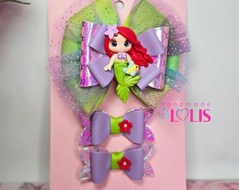 Handmade Ariel Hair Bow Set – Glitter Mermaid Clips, Princess Gift
