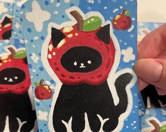 Apple Cat ACEO CARD PRINT 2.5” x 3.5” collectible artwork, no ai, art by humans, analog art, handmade, whimsy colorful sugarpawpages