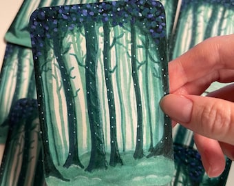Green Enchanted Forest  ACEO CARD PRINT 2.5” x 3.5” collectible artwork, no ai, art by humans, analog art, handmade, whimsy sugarpawpages