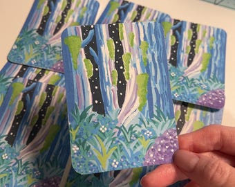 Enchanted Forest ACEO CARD PRINT 2.5” x 3.5” collectible artwork, no ai, art by humans, analog art, whimsy colorful blue sugarpawpages