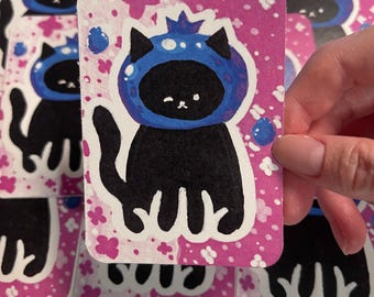 Blueberry Cat ACEO CARD PRINT 2.5” x 3.5” collectible artwork, no ai, art by humans, analog art, handmade, whimsy colorful sugarpawpages