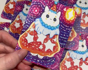 Magical Clown Cat ACEO CARD PRINT 2.5” x 3.5” collectible artwork, no ai, art by humans, analog art, handmade, whimsy colorful sugarpawpages