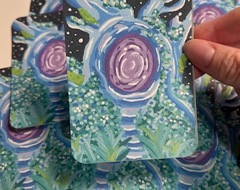 Enchanted Tree Portal ACEO CARD PRINT 2.5” x 3.5” collectible artwork, no ai, art by humans, analog art, whimsy colorful blue sugarpawpages