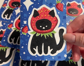 Strawberry Cat ACEO CARD PRINT 2.5” x 3.5” collectible artwork, no ai, art by humans, analog art, handmade, whimsy colorful sugarpawpages