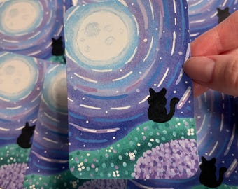 Night Moon Cat ACEO CARD PRINT 2.5” x 3.5” collectible artwork, no ai, art by humans, analog art, handmade, whimsy colorful sugarpawpages