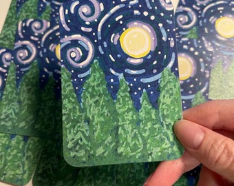 Swirly Night Skies  ACEO CARD PRINT 2.5” x 3.5” collectible artwork, no ai, art by humans, analog art, handmade, whimsy sugarpawpages