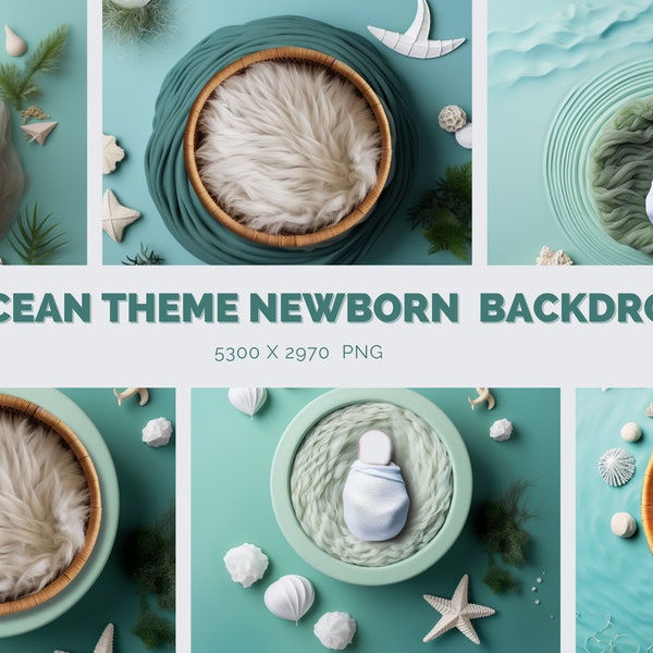 6 Ocean Theme Newborn Digital Backdrop Face Insert Newborn Photography Sea Themed Digital Background for Baby Shoot Underwater Background