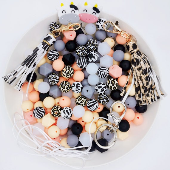 160 Pcs 15mm Silicone Beads Bulk Kit for Keychain Jewelry Bracelet Necklace  Home Decor Handmade With Macrame Keychain,cow & Leopard Printed 