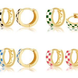 18k Gold Filled Small Checkered Hoop Earrings,Multicolor Enamel Hoops Earrings,Round Circle Earrings Piercing Jewelry Gift for Women Girls