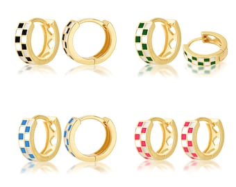 18k Gold Filled Small Checkered Hoop Earrings,Multicolor Enamel Hoops Earrings,Round Circle Earrings Piercing Jewelry Gift for Women Girls