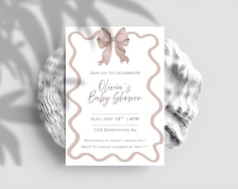 May include: A baby shower invitation with a pink bow on a white background. The text reads "Join us to celebrate Olivia's Baby Shower. Sun | Sep 18th | 4PM. 123 Something Av. Registered at (Target, Amazon etc.). RSVP to (phone number) by Sep 1st."