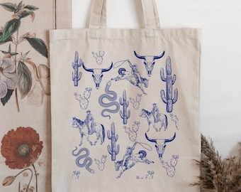 Western Print Tote Bag Vintage Blue Western Cactus Tote Long Horn Skull Cowboy Print Tote bag Western Bachelorette Simple Western Print Bag