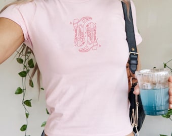 Cowboy Boot Baby Tee- Rodeo Tshirt, Cowgirl shirt, Country concert shirt, Western crop top, Western Baby tee, Rodeo Bachelorette shirt