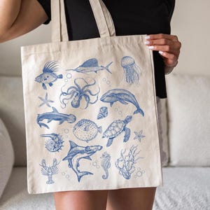 May include: A beige tote bag featuring blue illustrations of various sea creatures, including fish, an octopus, a dolphin, and a sea turtle. The bag has long straps and is held by a person.
