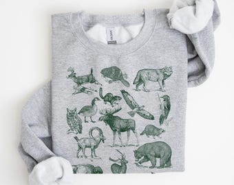 Sudadera de animales del bosque, animal de los 90, sudadera de cuello redondo para amantes de la naturaleza, sudadera de cazador, camiseta de animales salvajes, sudadera de naturaleza, regalo de animal dibujado a mano